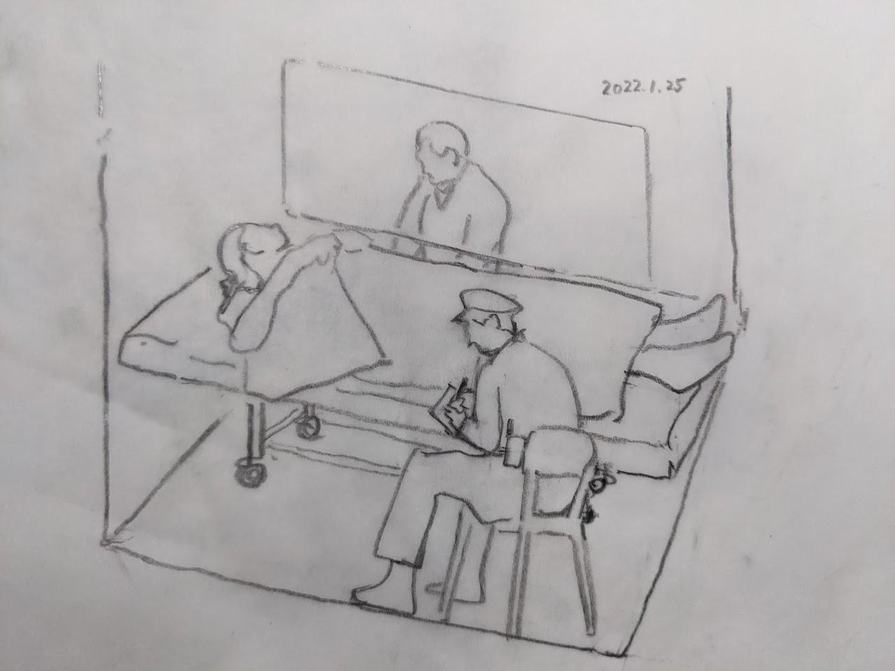 ストレッチャーで面会する様子のスケッチ（柚之原さん提供）