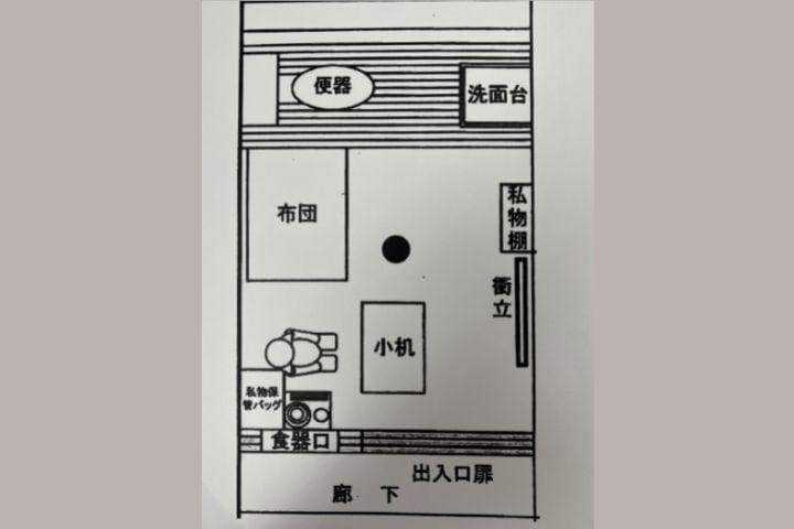 東京拘置所「所内生活の心得」から抜粋し、原告側が作成したカメラ室の見取り図。真ん中の黒丸が天井の監視カメラ