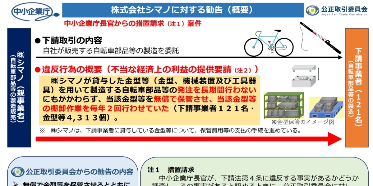 自転車部品シマノに「下請法違反」で公取委勧告、下請けに「金型など無償保管させていた」