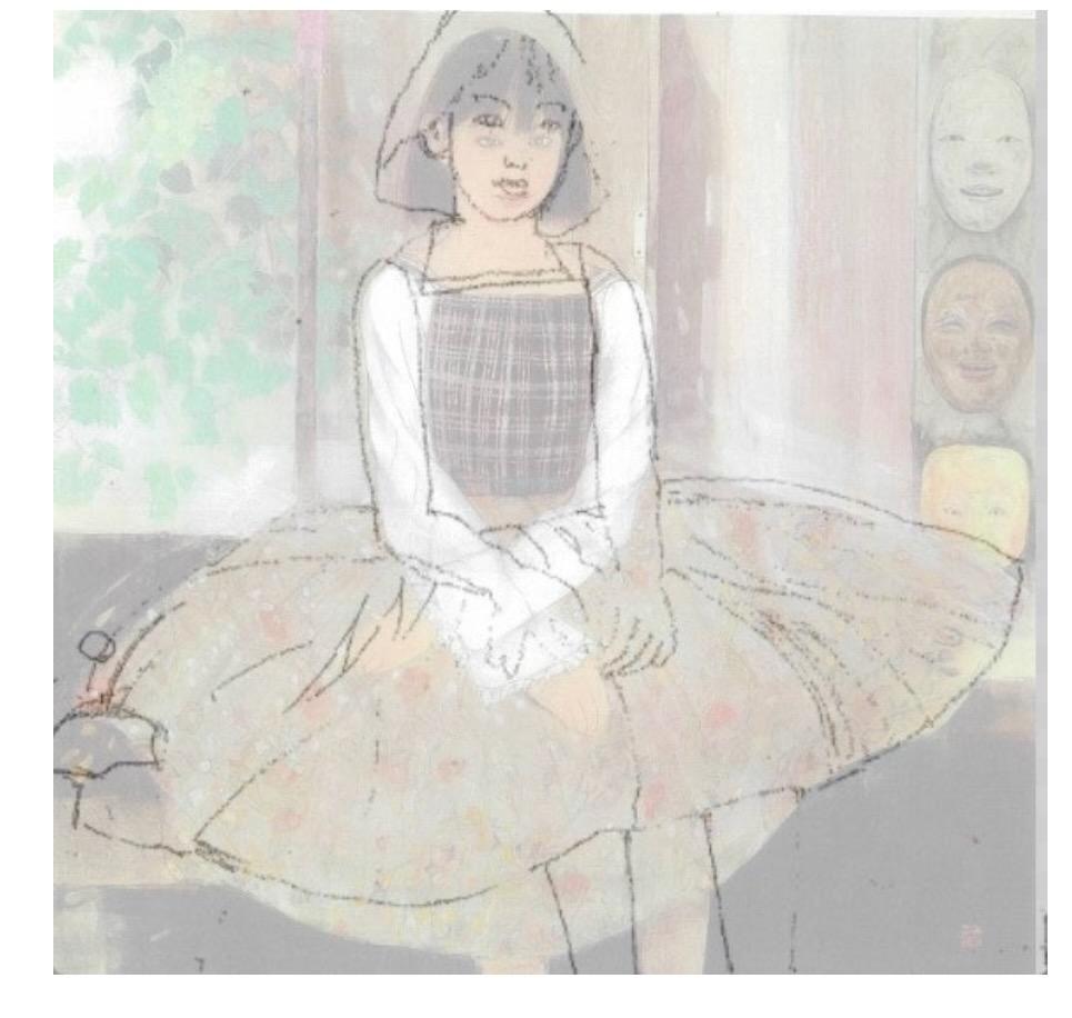 梅原さんの作品と他の画家の作品のトレース図。他の画家は、上半身とスカート部分を切り離した画像を重ねていたという（日本美術院側訴訟資料より