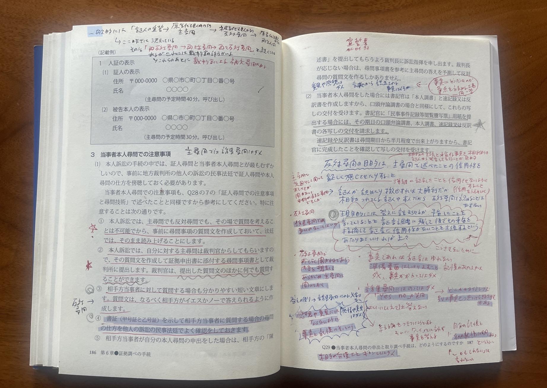 本人訴訟で裁判資料を作成する際に参考にした本には、ぎっしりと赤線や書き込みがあった（女性提供）